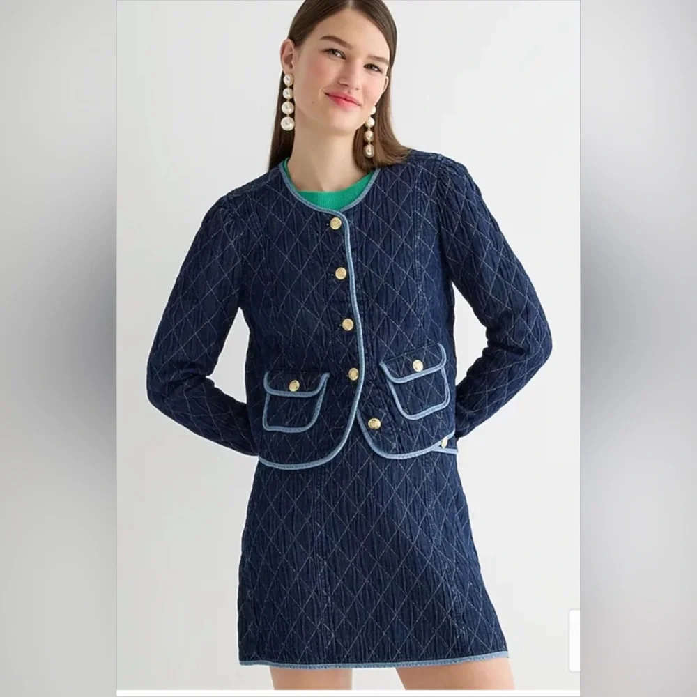 NWT J.Crew Quilted denim lady jacket and skirt‎ set Size 0